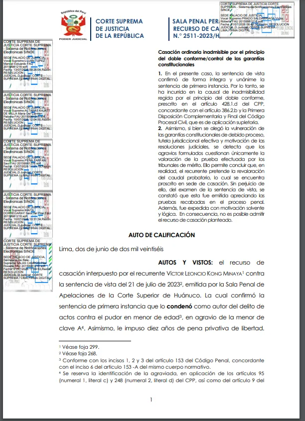 La Inadmisibilidad del Recurso de Casación por el Principio del Doble Conforme: Análisis de la Casación N.° 2511-2023/HUÁNUCO
